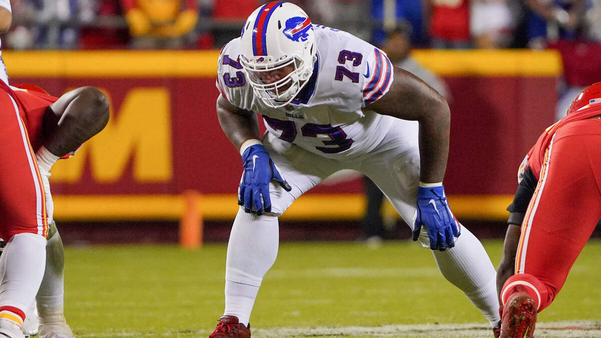 Buffalo Bills offensive tackle Dion Dawkins (73) ready on the line of scrimmage against the Kansas City Chiefs during the game at GEHA Field at Arrowhead Stadium.
