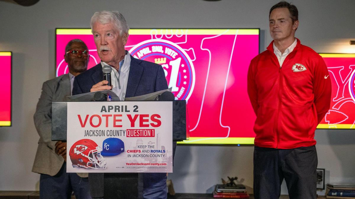 John Sherman, owner of the Kansas City Royals, spoke after voters rejected the 40-year, 3/8th-cent sales tax which would have helped pay for a new Royals stadium in the Crossroads and renovations to the Chiefs’ Arrowhead Stadium. Sly James, former mayor of Kansas City, and Mark Donovan, president of the Kanas City Chiefs, looked on during the watch party at J. Rieger & Co., on Tuesday, April 2, in Kansas City.