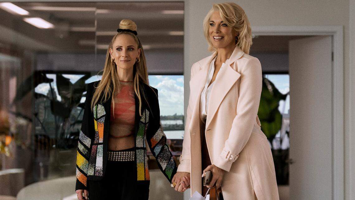 Juno Temple, left, who plays Keeley Jones on “Ted Lasso,” and Emmy winner Hannah Waddingham, who plays AFC Richmond owner Rebecca Welton, were seen on set at Gates Bar-B-Q in midtown Kansas City Sunday.