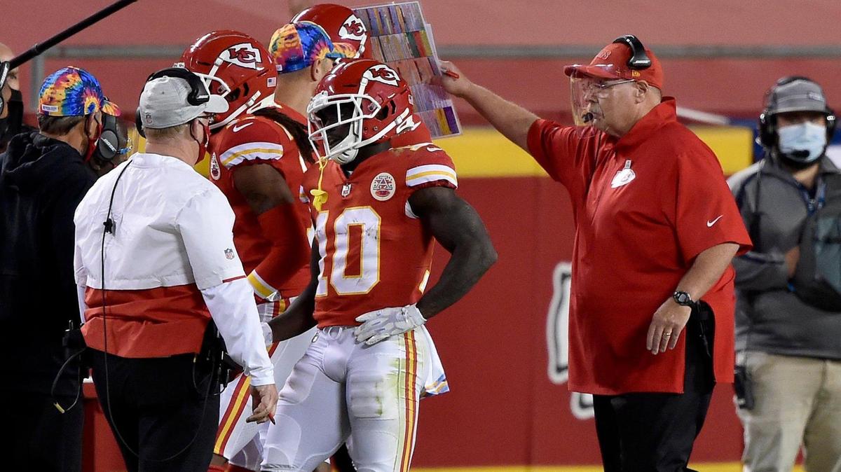 Head coach Andy Reid congratulates Kansas City Chiefs quarterback Patrick Mahomes after wide receiver Tyreek Hill (10) made a touchdown in the third quarter of the Kansas City Chiefs game against the New England Patriots Monday, Oct. 5, 2020. The Chiefs defeated the Patriots 26-10.