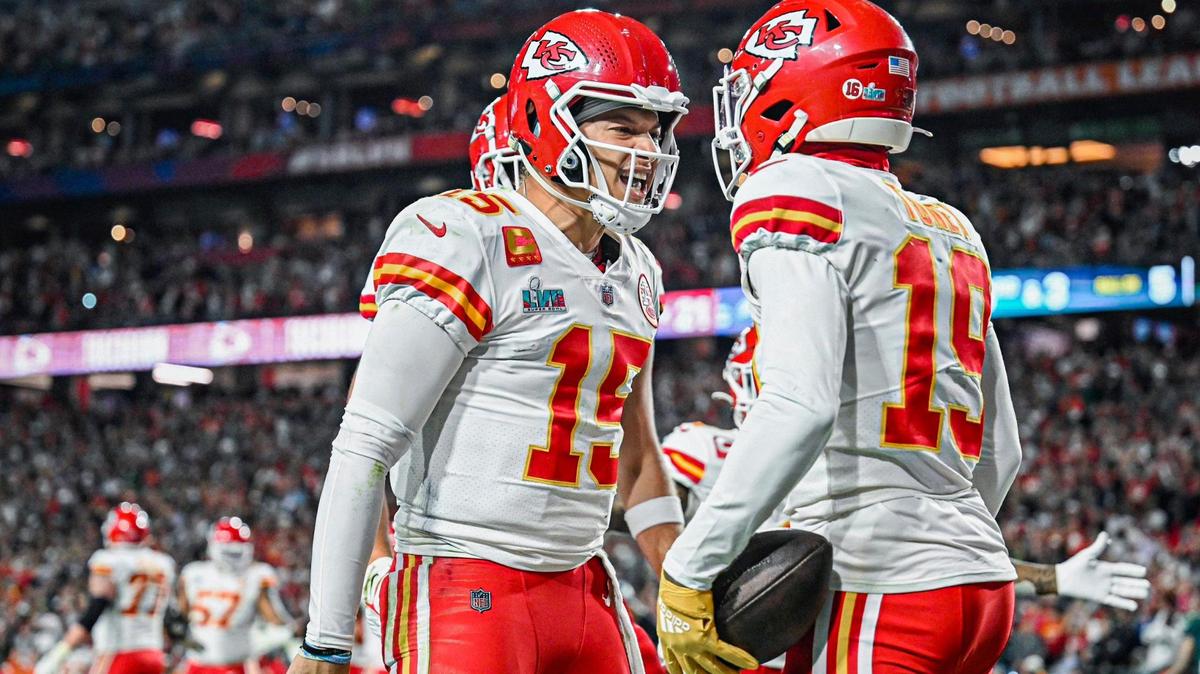 Kansas City Chiefs quarterback Patrick Mahomes celebrates with wide receiver Kadarius Toney after Toney hauled in a pass for a touchdown in the fourth quarter during Super Bowl LVII Sunday, Feb. 12, 2023, in Glendale, Ariz.
