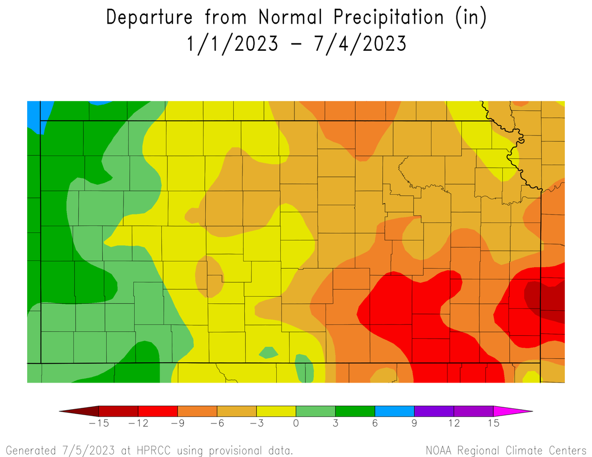 This map shows rainfall deficits in Kansas so far this year compared to the average rainfall.