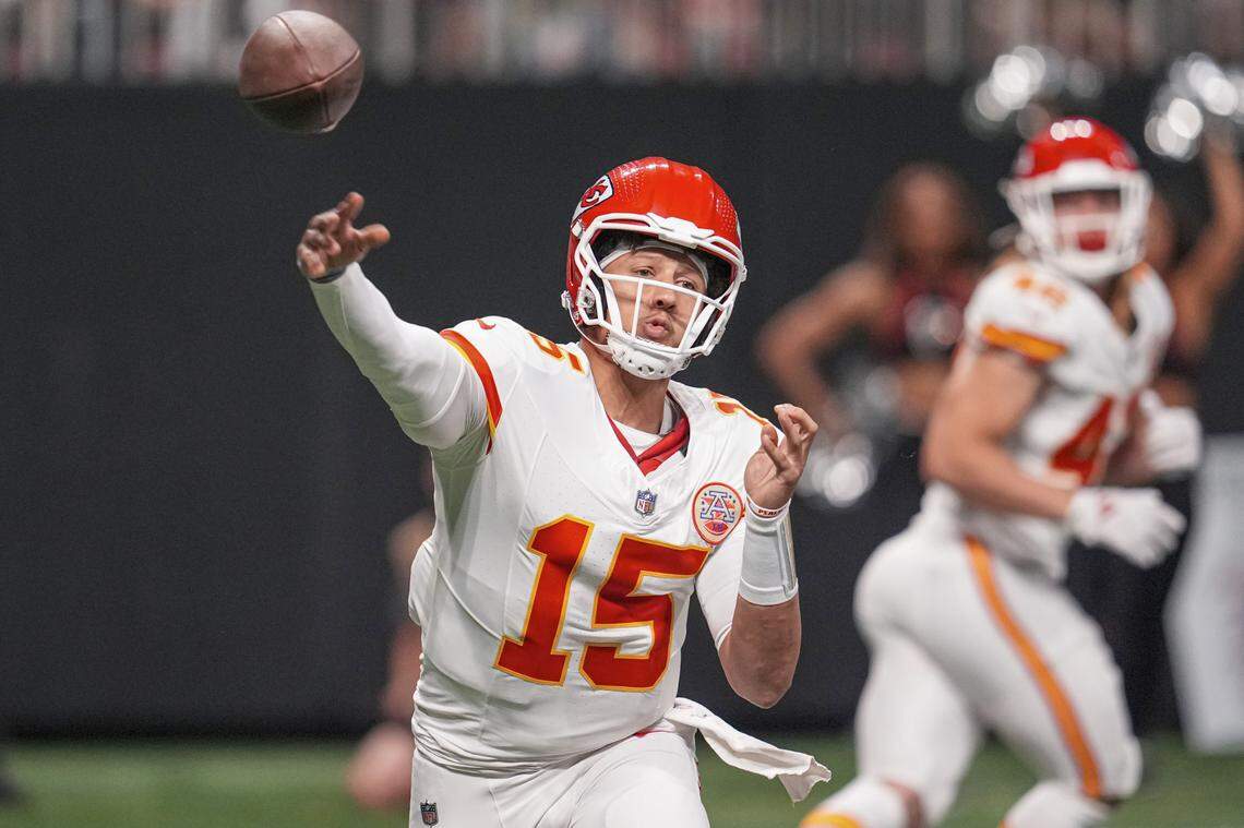 Kansas City Chiefs quarterback Patrick Mahomes passes the ball against the Atlanta Falcons during the first quarter of Sunday night’s game at Mercedes-Benz Stadium.