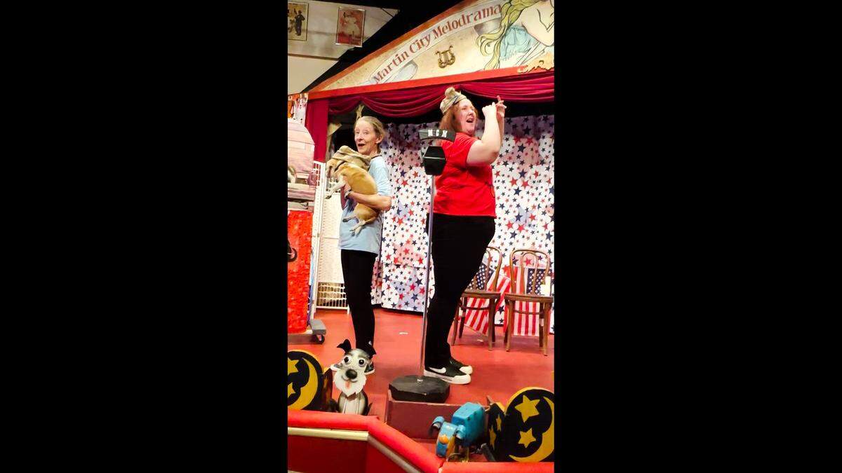 Jeannie Beechwood and Katie Marshall perform in “The Great American Melodogma” at the Martin City Melodrama and Vaudeville Company.