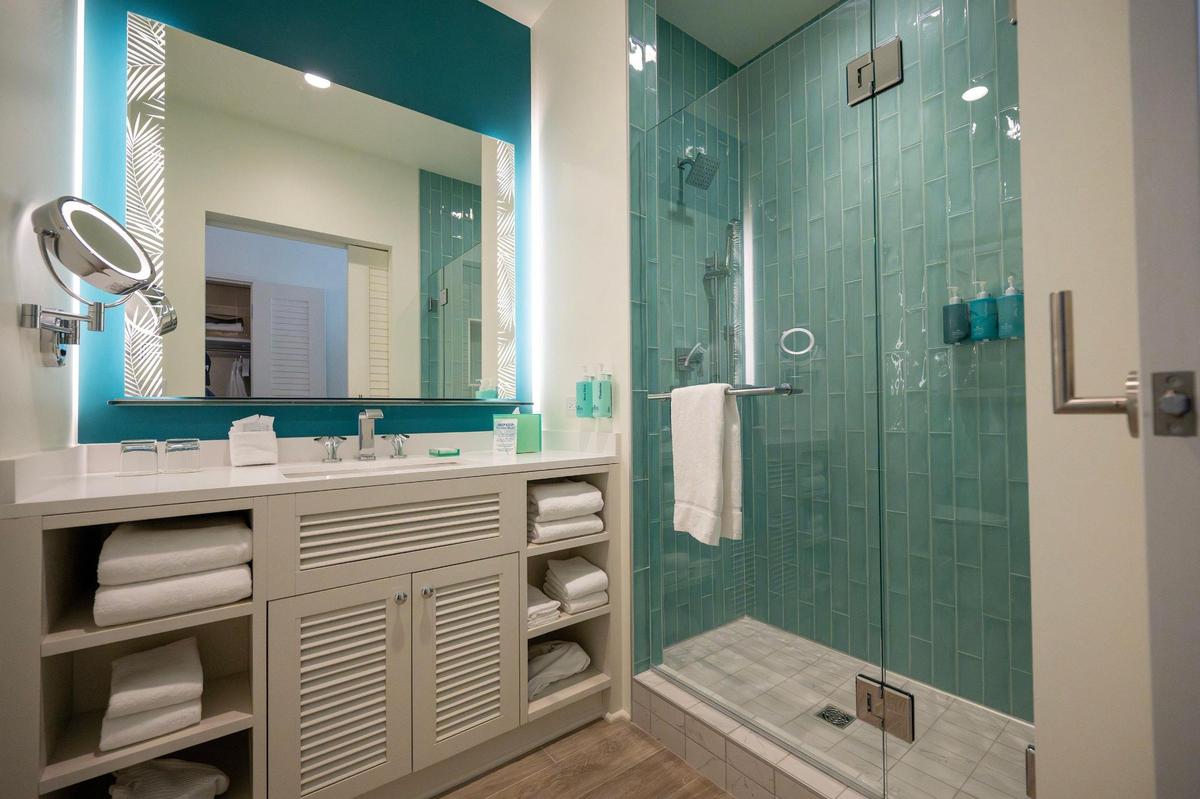 The bathroom of a two-bedroom suite at Margaritaville Hotel is seen on Tuesday, June 17, 2025, in Kansas City, Kansas.