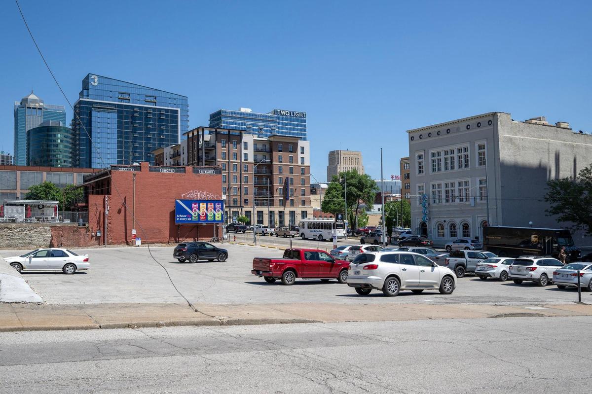 A public parking lot equipped with surveillance cameras and a loudspeaker is seen near West 17th Street and Main Street on Friday, May 9, 2025, in Kansas City.