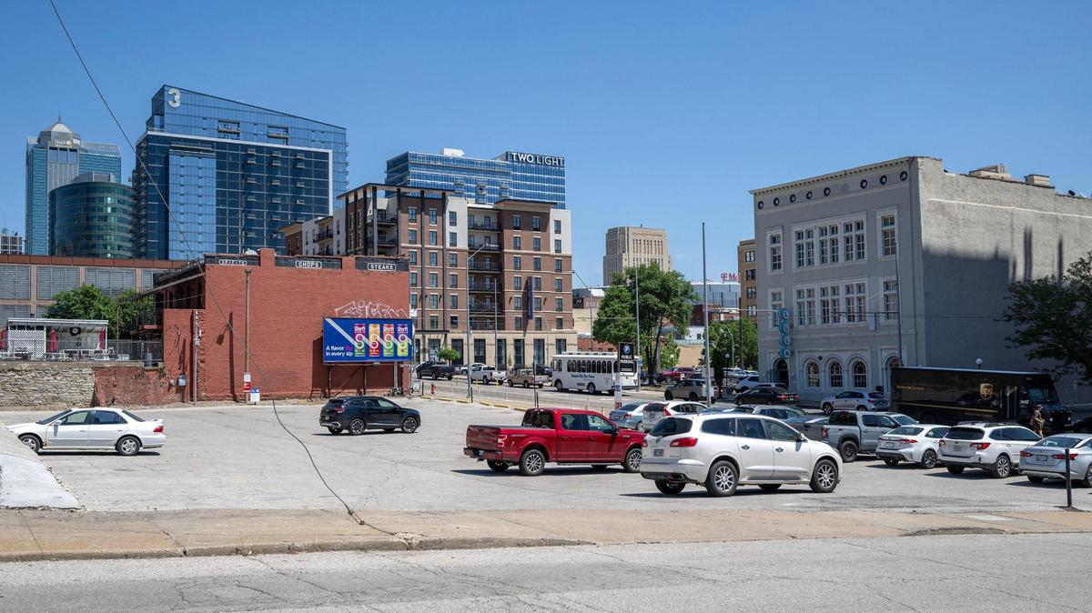 A public parking lot equipped with surveillance cameras and a loudspeaker is seen near West 17th Street and Main Street on Friday, May 9, 2025, in Kansas City.