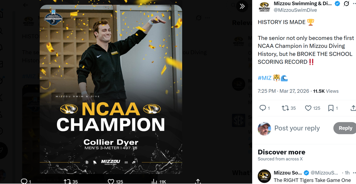Collier Dyer of the Missouri Tigers won the NCAA 3-meter diving championship with a program-record 497.75 score on Friday, March 27, 2026 in Atlanta.