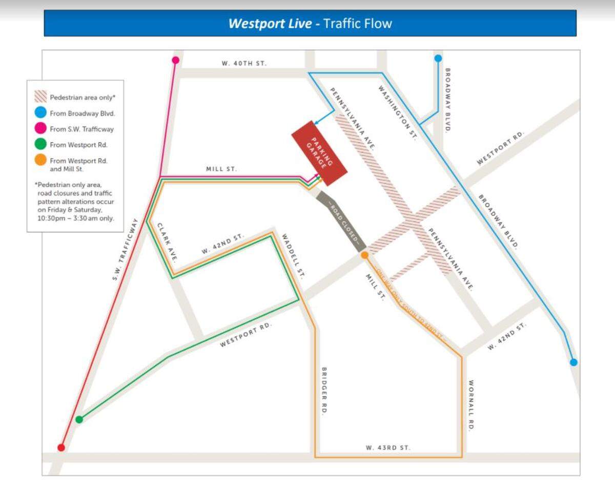 The 2021 traffic flow map for Westport’s entertainment district on weekend evenings.