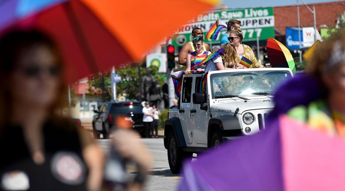 A parade beginning at Westport Road and Broadway Boulevard kicked off the two-day 2021 Kansas City Pride Festival Saturday, Aug. 21, 2021. Justice Horn, rear left, was the grand marshal.