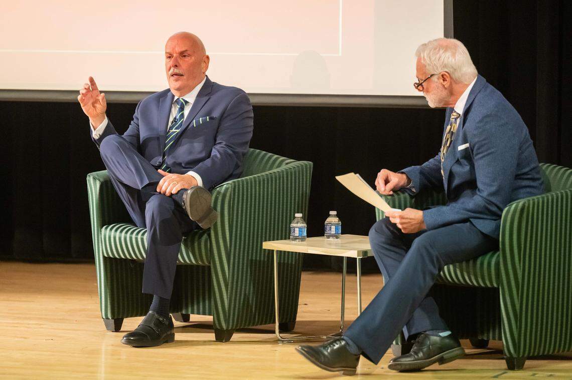 Craig Buckley, a candidate for KCFD Chief, responds to a question during a public forum at the Truman Forum Auditorium at the Kansas City Public Library, on Thursday, December 4, 2025. Candidates answered questions separately about how they would approach the position.