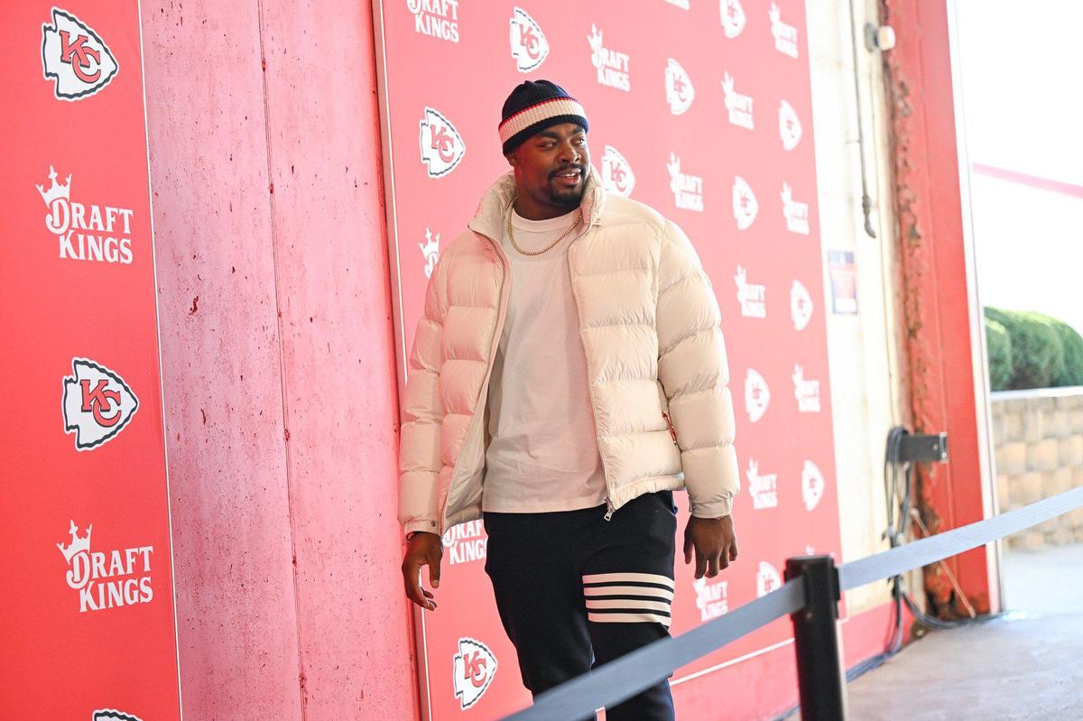 Kansas City Chiefs defensive tackle Chris Jones arrives before the Chiefs’ game with the Las Vegas Raiders on Friday, Nov. 29, 2024, at GEHA Field at Arrowhead Stadium.
