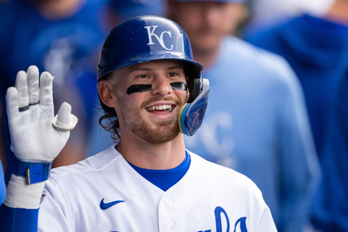 Royals shortstop Bobby Witt Jr. celebrates in the dugout after hitting a home run during KC’s 14-6 win against the St. Louis Cardinals at Kauffman Stadium in Kansas City on Thursday, June 18, 2026.