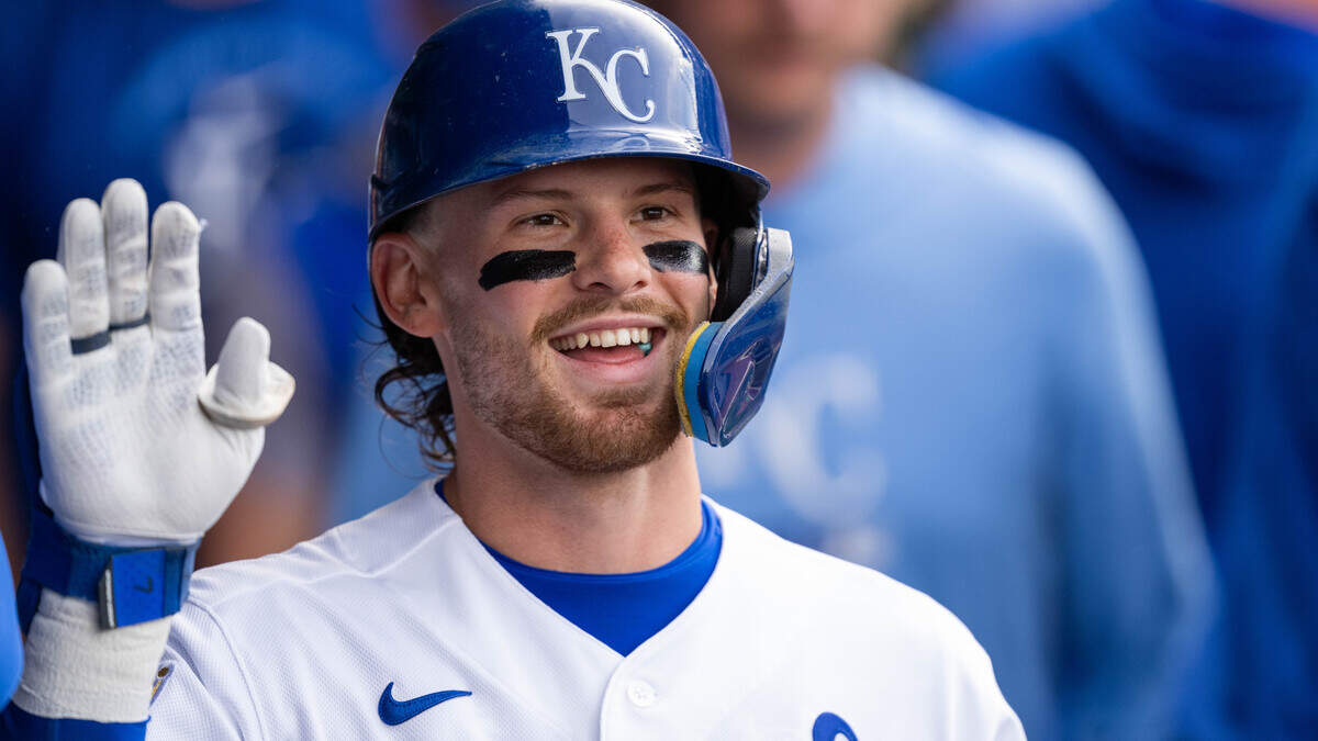 Royals shortstop Bobby Witt Jr. celebrates in the dugout after hitting a home run during KC’s 14-6 win against the St. Louis Cardinals at Kauffman Stadium in Kansas City on Thursday, June 18, 2026.