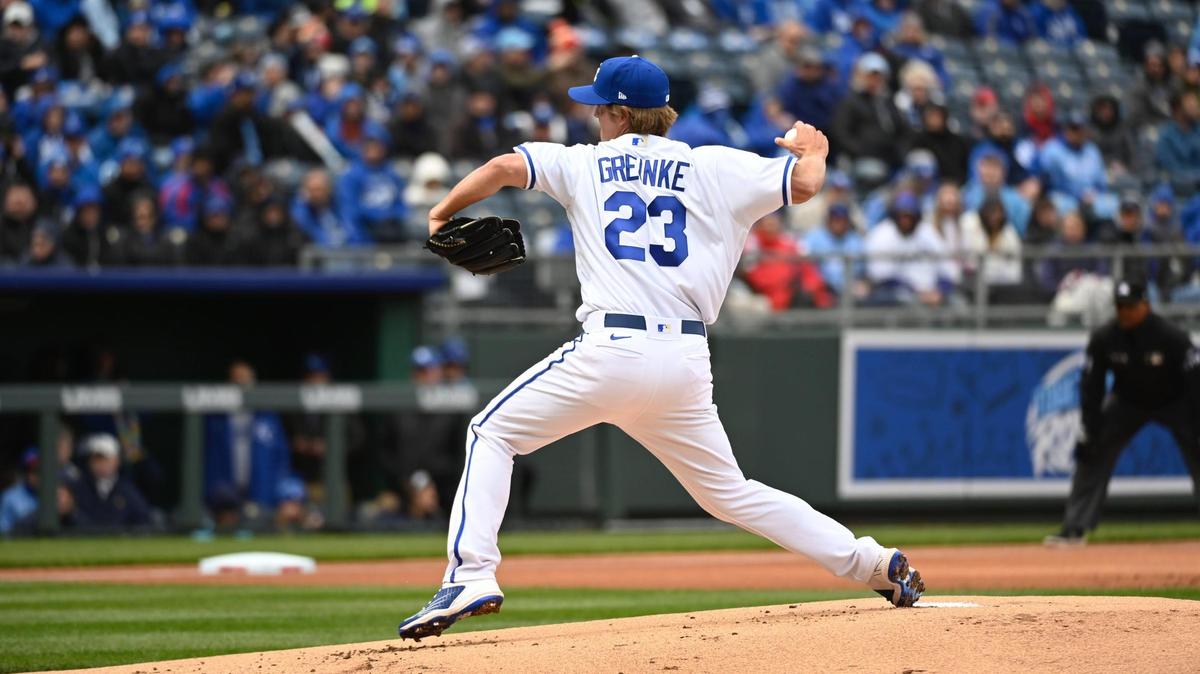 Kansas City Royals starting pitcher Zack Greinke throws in the Royals’ 2022 home opener against Cleveland at Kauffman Stadium.