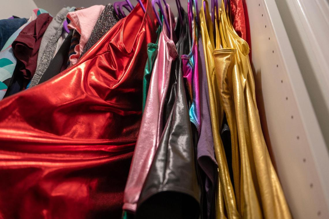 Wykert is a big fan of the ’80s and the fashion of the era, including leotards. She has several hanging in her bedroom closet in St. Joseph. She bought a red one after the Kansas City Chiefs won the Super Bowl in 2020.