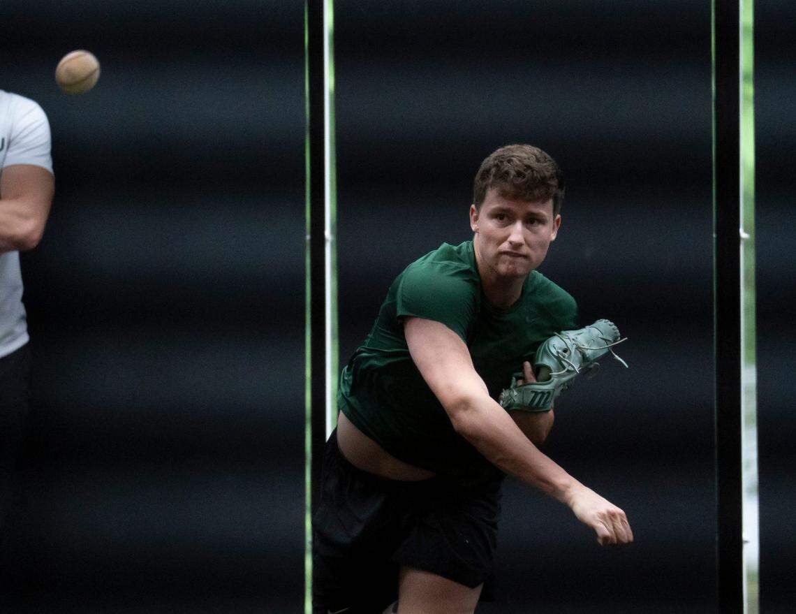 Former Fox Lane HS and Tulane pitcher Michael Lombardi works out at Velo University on Thursday, July 10, 2025. He was selected by the Kansas City Royals days later in the 2025 MLB Draft.
