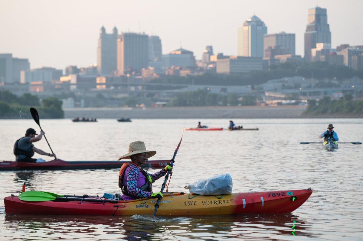 Paula Northern paddles her kayak along the Missouri River as she prepares to embark on her first MR340 river race.