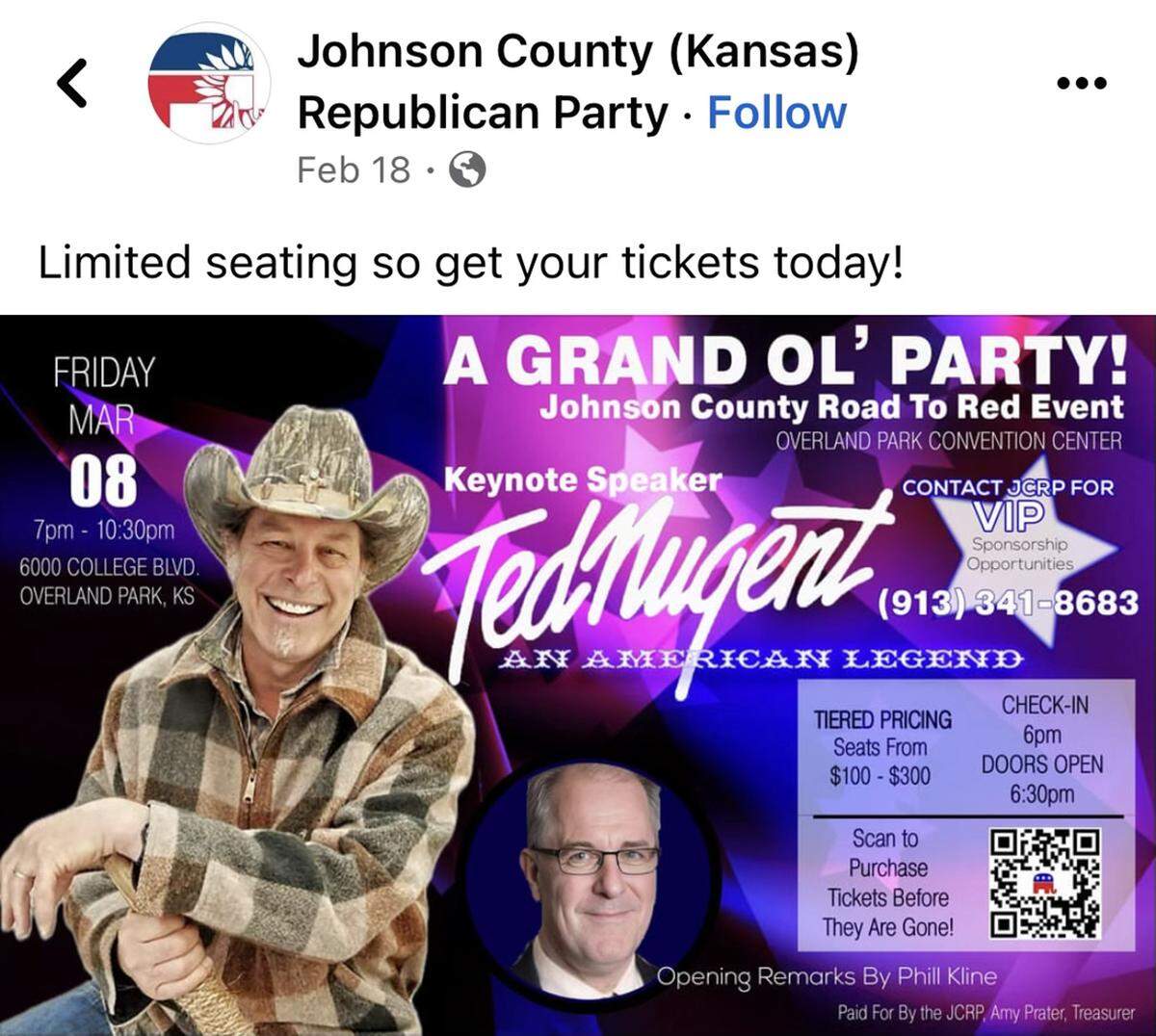 A Facebook ad for a Johnson County Republican Party "A Grand Ol' Party" featuring Ted Nugent and Phill Kline, March 8, 2024