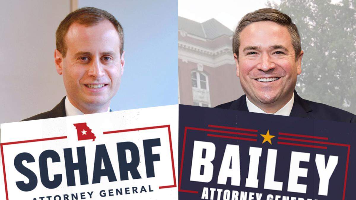 Republican candidates for Missouri attorney general Will Scharf, left, and incumbent Andrew Bailey.