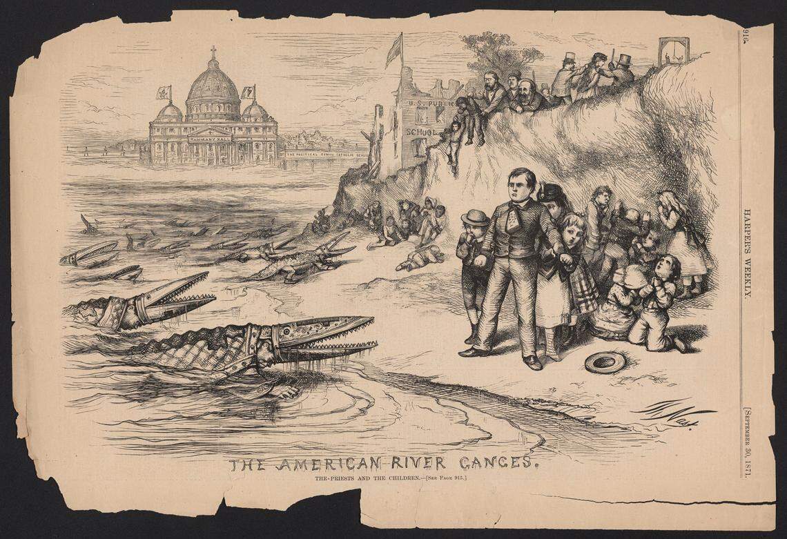 Harper’s Weekly cartoon depicting Catholic clergy as crocodiles assaulting American families and public schools, 1871.