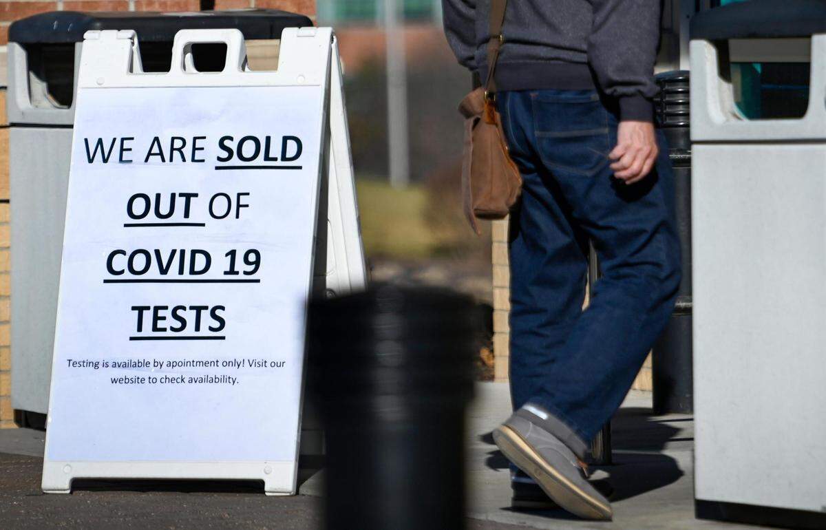 A pharmacy let customers know they were sold out of COVID-19 home test kits on Sunday, Jan. 9, 2022, in Leawood.