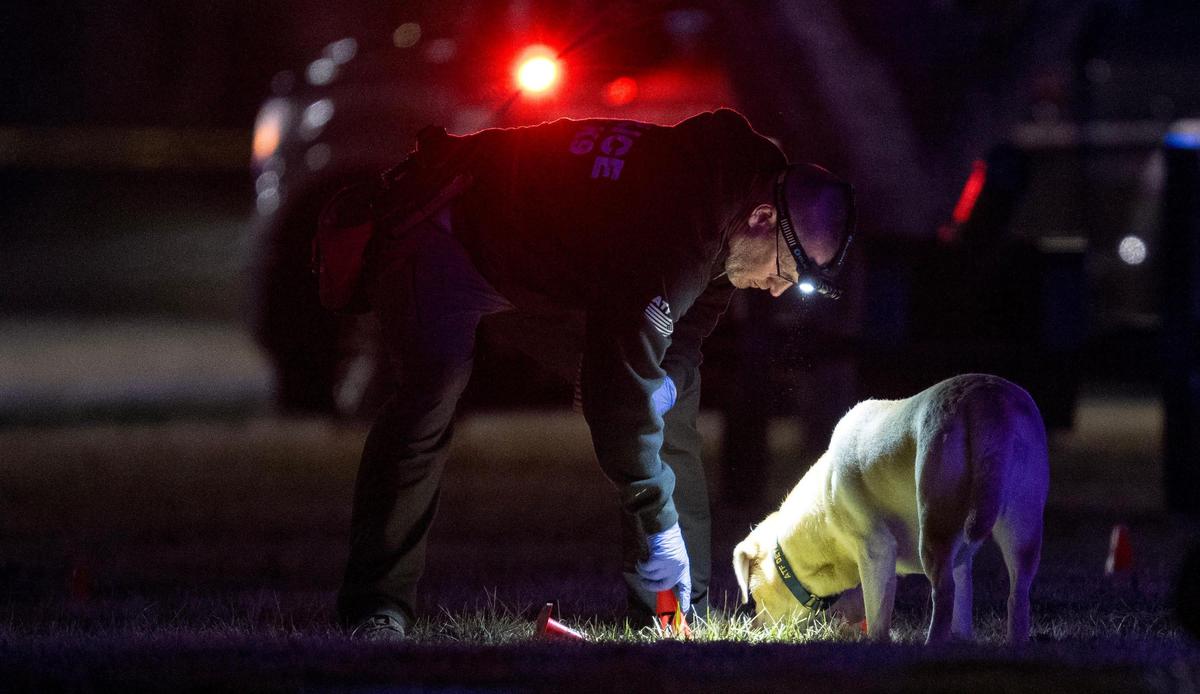 Shiloh, an ATF explosives detection canine, searches for ballistic evidence with her handler, special agent Tyree Koerner, at the scene of a shooting outside of North Kansas City High School on Saturday, March 2, 2024, in North Kansas City.