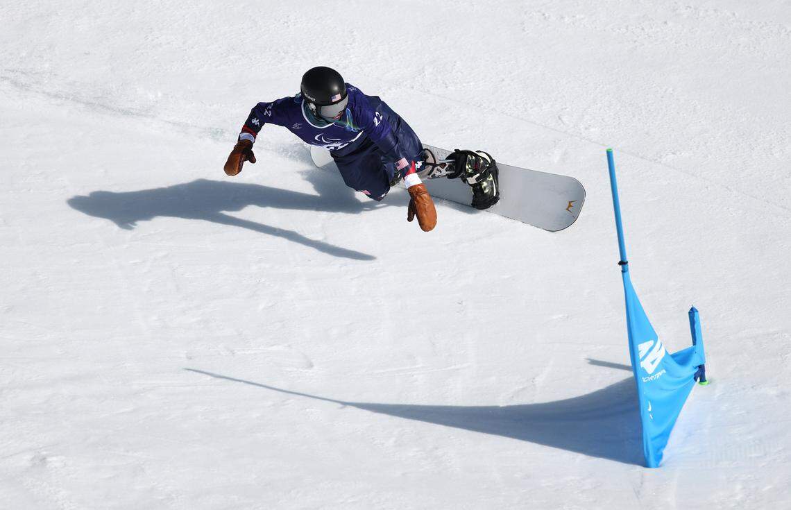 Noah Elliott of Team USA rides during a training session ahead of the Milano-Cortina 2026 Winter Paralympic Games at the Tofane Alpine Skiing Centre in Cortina d’Ampezzo, Italy, on March 6, 2026.