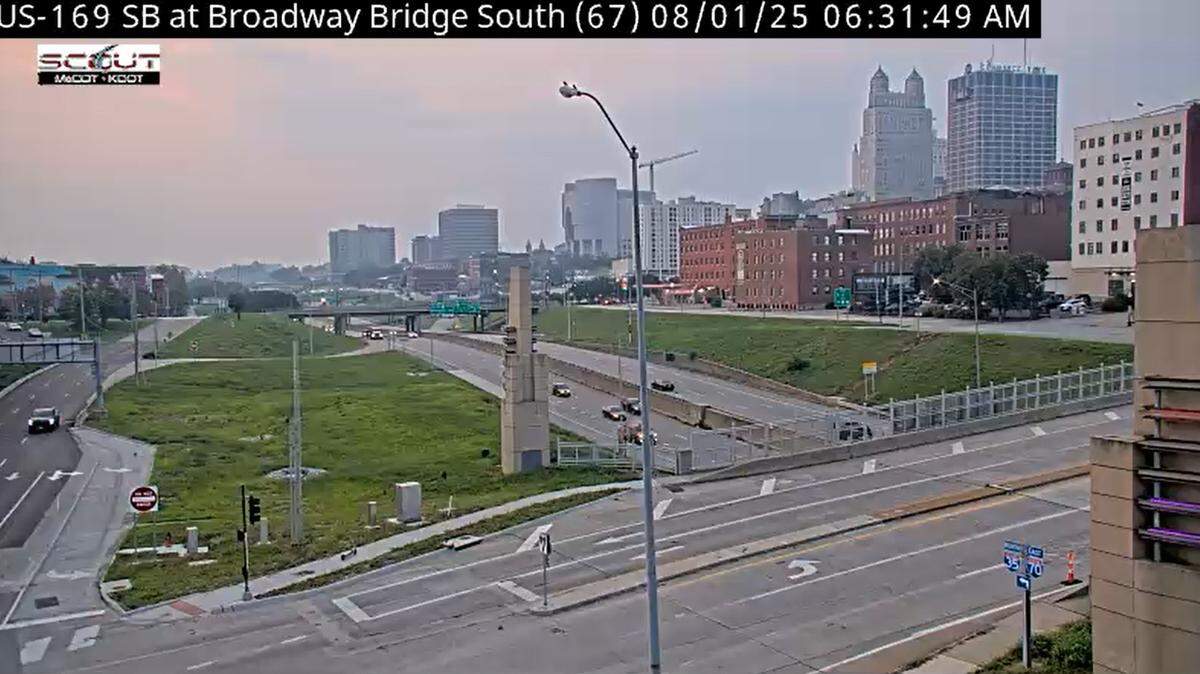 A thin veil of hazy smoke from Canadian wildfires blanketed the Kansas City sky early Friday, making the air unhealthy from some. The smoke drifted into the metro overnight. This Kansas City Scout traffic camera near the Buck O’Neil Bridge on the downtown’s northwest corner shows the smoky skies.