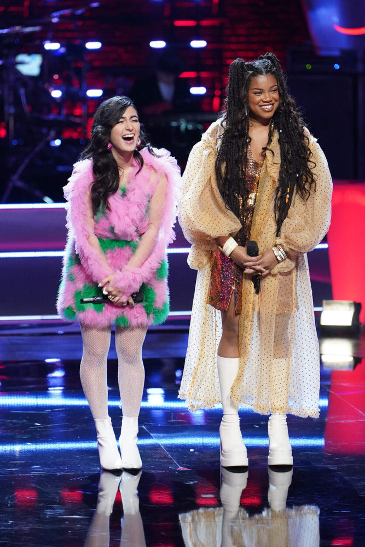 Overland Park’s Kate Cosentino, left, and teammate Tiana Goss on “The Voice,” sang Cyndi Lauper’s “Girls Just Want to Have Fun” on Monday’s episode.