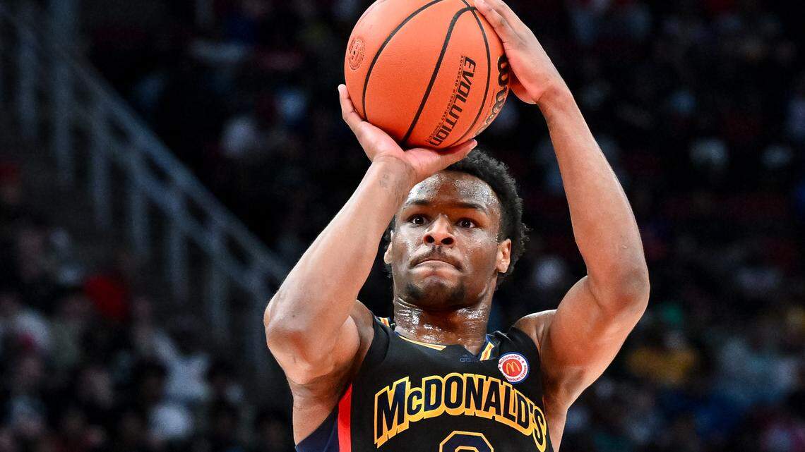 Mar 28, 2023; Houston, TX, USA; McDonald’s All American West guard Bronny James (6) shoots the ball during the first half against the McDonald’s All American East at Toyota Center. Mandatory Credit: Maria Lysaker-USA TODAY Sports