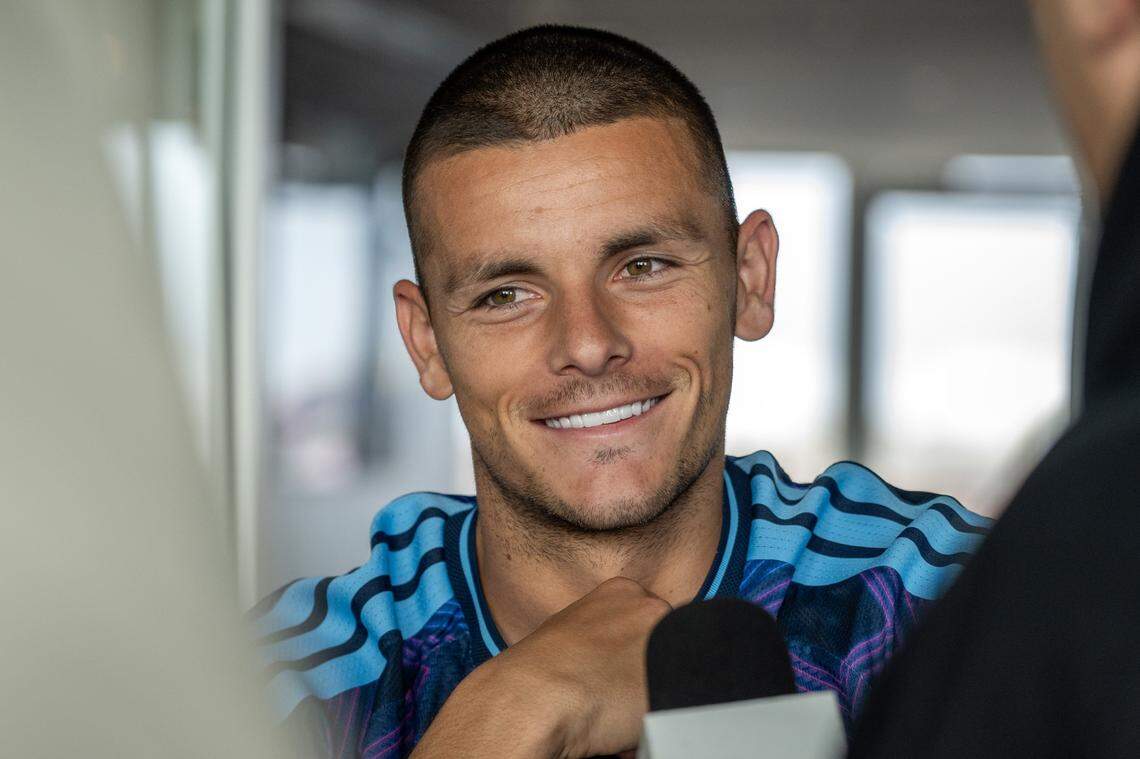 Sporting Kansas City forward Dejan Joveljic speaks to reporters during media day at Sporting Park on Tuesday, Feb. 24, 2026, in Kansas City, Kansas.