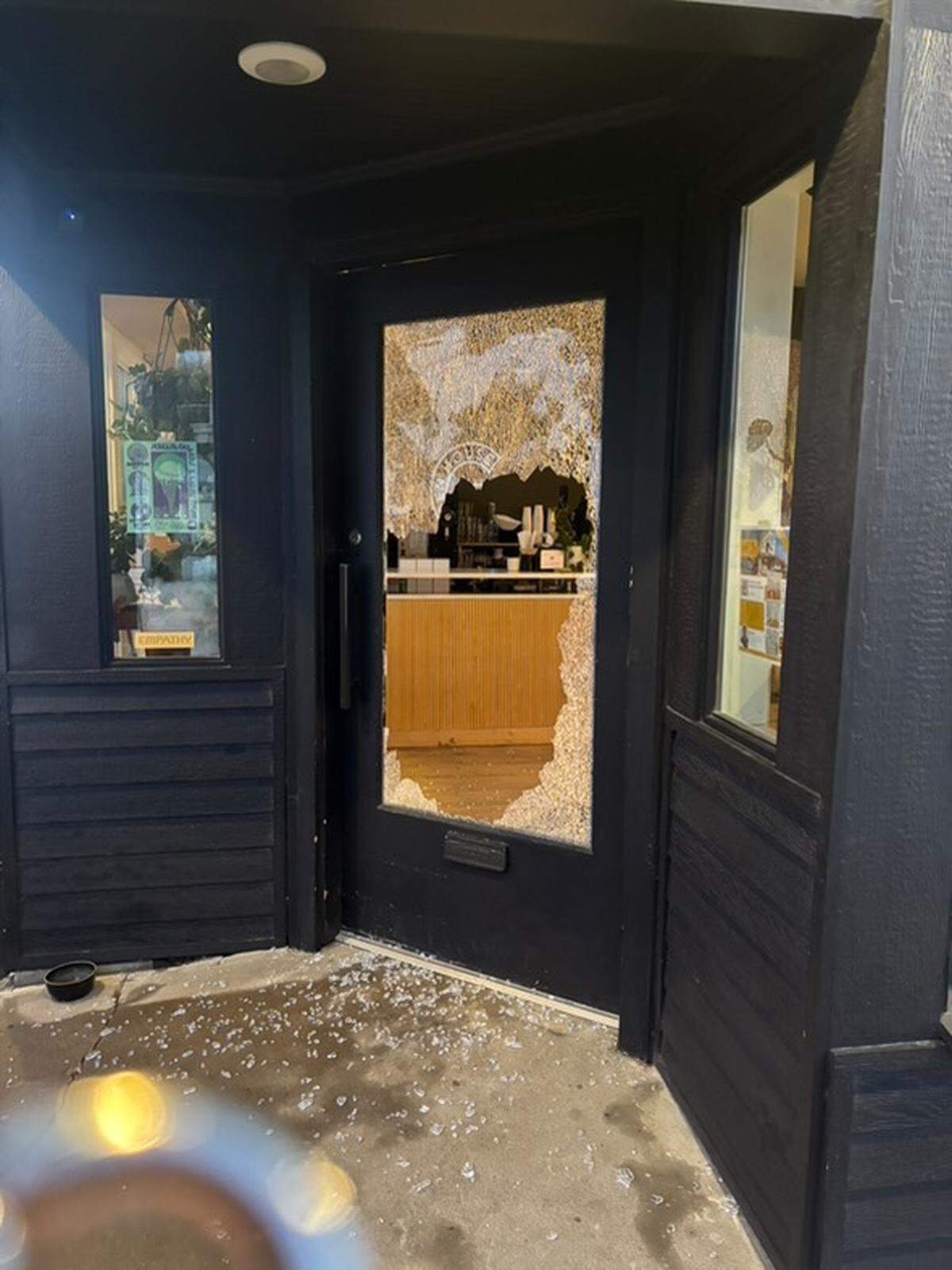 The front door of Garden House after the break-in Jan. 12, 2025.