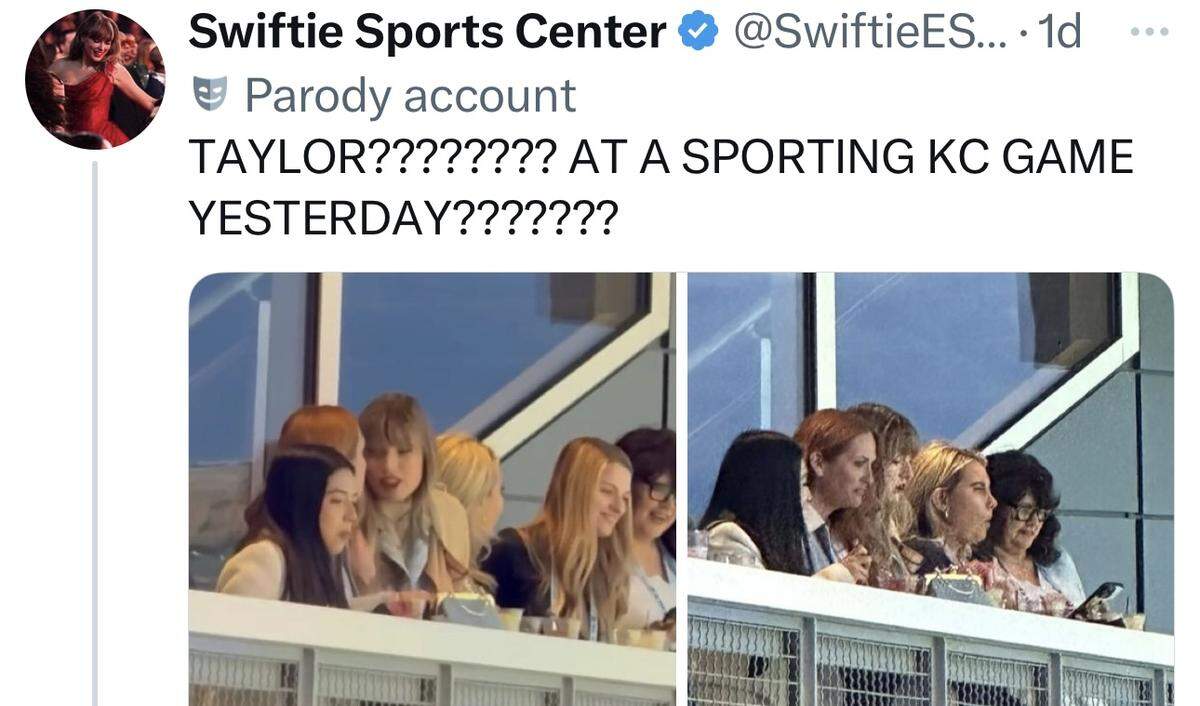 The parody account Swiftie Sports Center on X fired up the rumor that Taylor Swift was at the Sporting KC game on Saturday.