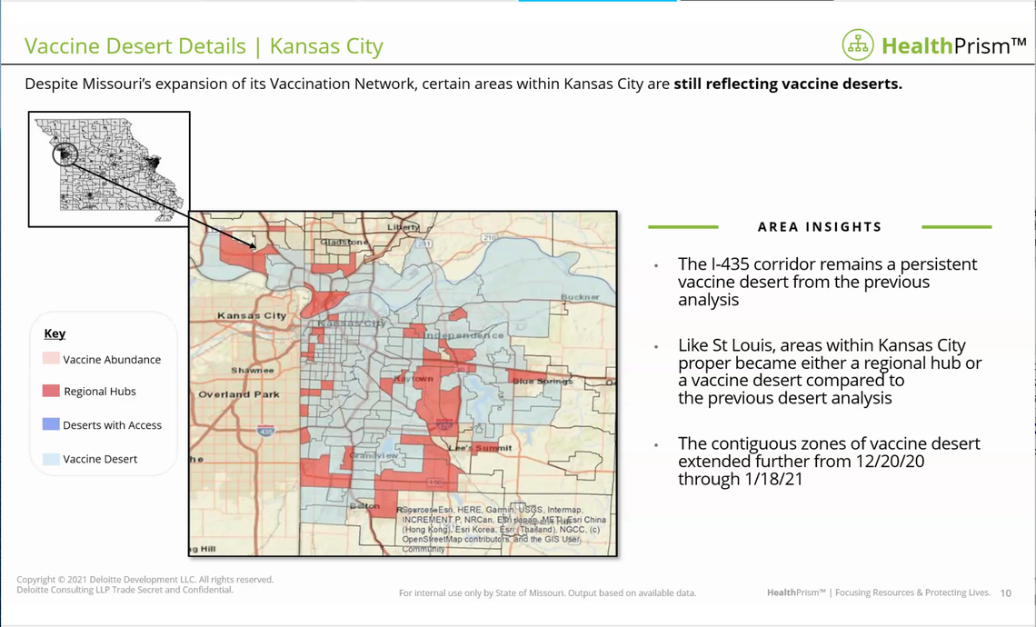 A screenshot of a presentation to Missouri’s Advisory Committee on Equitable COVID Vaccine Distribution on Thursday, Feb. 4, 2021, that details vaccine deserts in Kansas City.