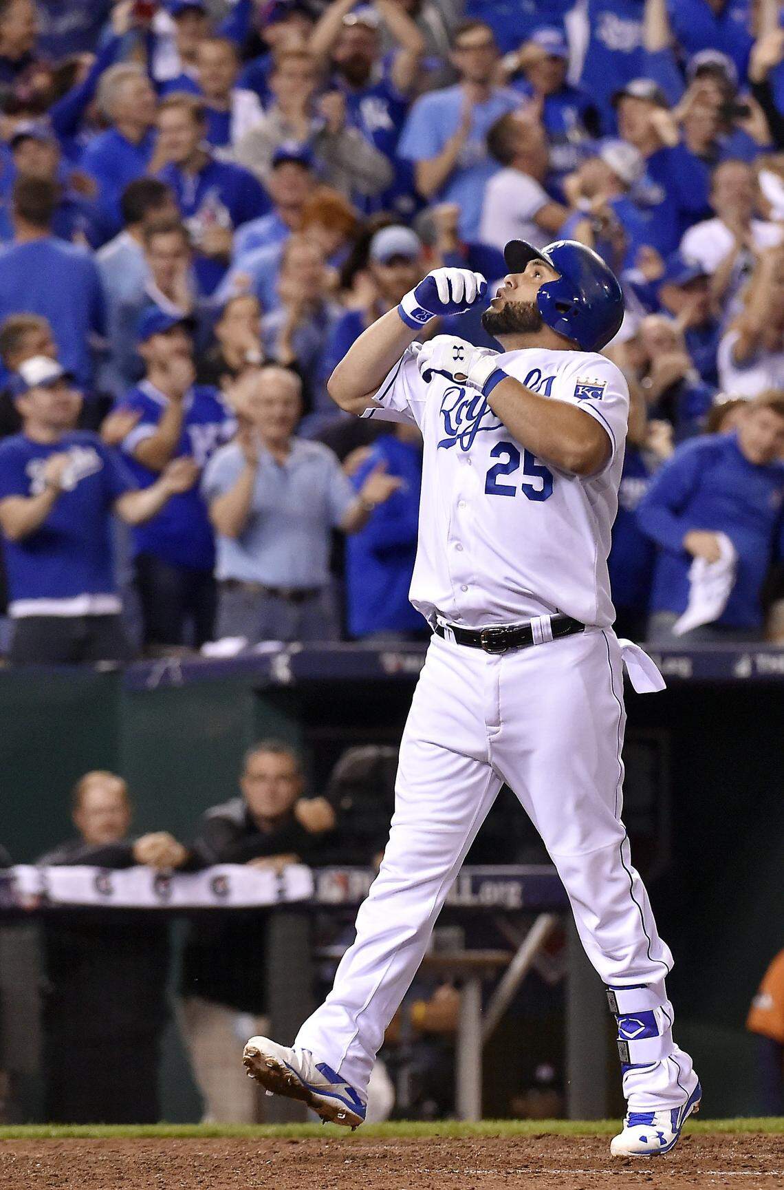 Kansas City Royals designated hitter Kendrys Morales celebrates hitting a three-run homer in the eighth inning during Wednesday’s ALDS baseball game on October 14, 2015 at Kauffman Stadium in Kansas City, Mo.