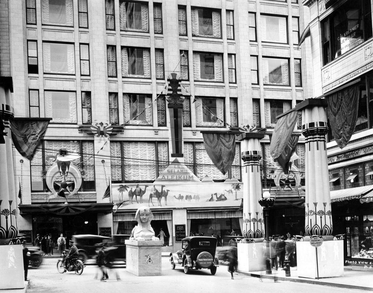 Decorations at the corner of 11th and Main, in front of John Taylor Dry Goods Company building, 1924, General Photograph Collection (P1).