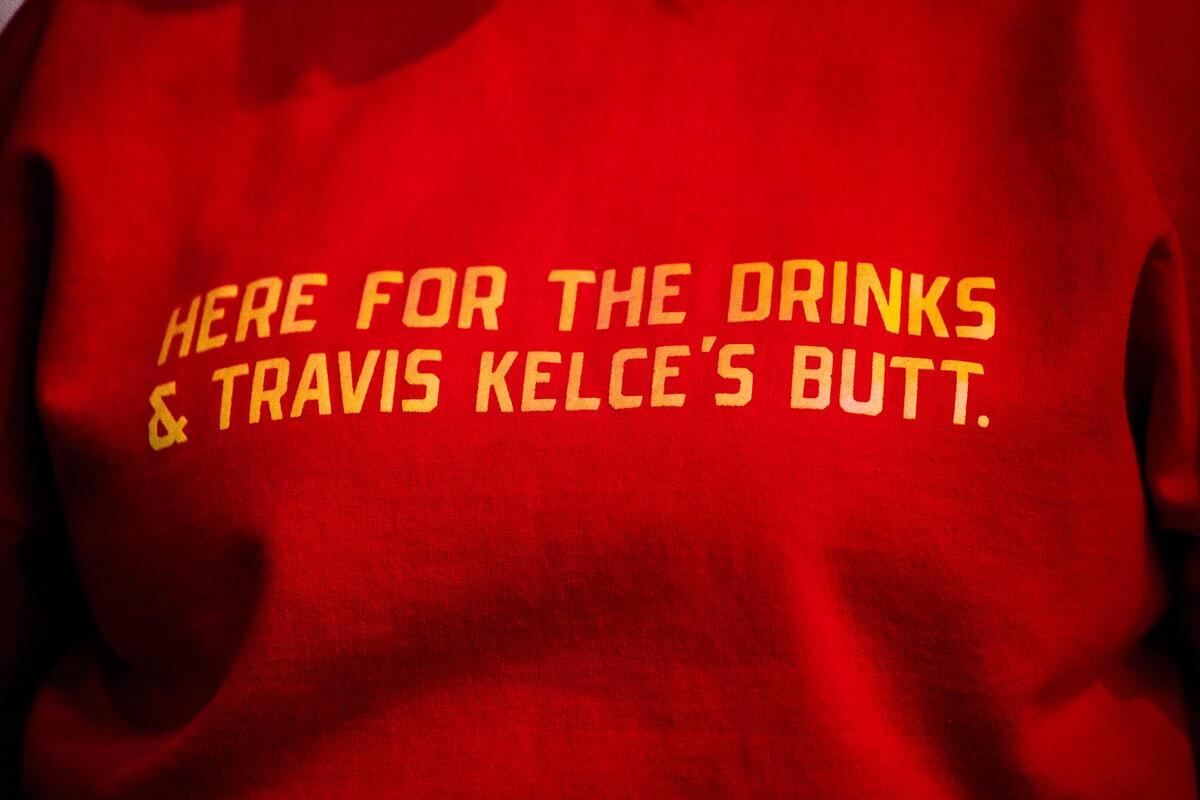 Kansas City Chiefs fans Sarah Subject of Ankeny, Iowa, sported a unique shirt as she took in the Super Bowl Experience on Thursday, Feb. 8, 2024, in Las Vegas, Nevada.