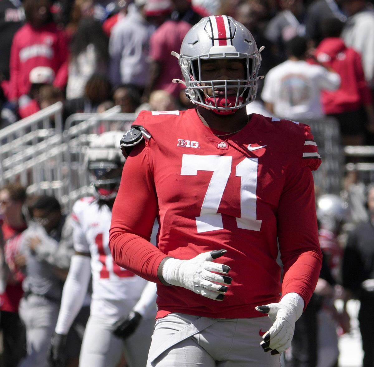 April 13, 2024; Columbus, Ohio, USA; Ohio State Buckeyes offensive tackle Josh Simmons (71) competes during the first half of the LifeSports spring football game at Ohio Stadium on Saturday.