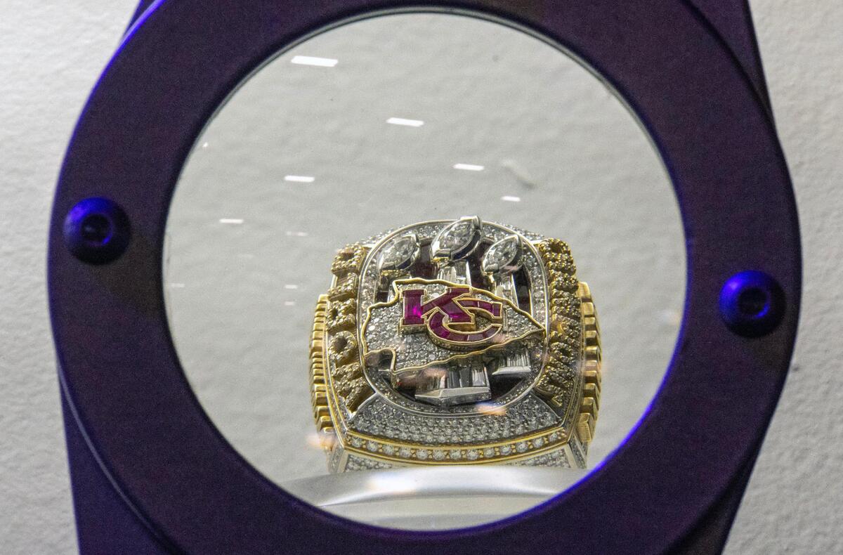 A Kansas City Chiefs Super Bow Championship ring from Super Bowl LVII was seen on display at the Super Bowl Experience, on Thursday, Feb. 8, 2024, in Las Vegas, Nevada.