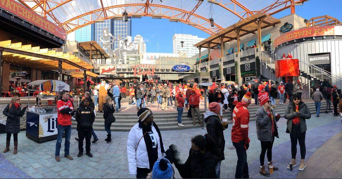 Fans gathered in the Power & Light District in downtown Kansas City Sunday to watch the Chiefs take on the Tennessee Titans in the AFC Championship game at Arrowhead Stadium.