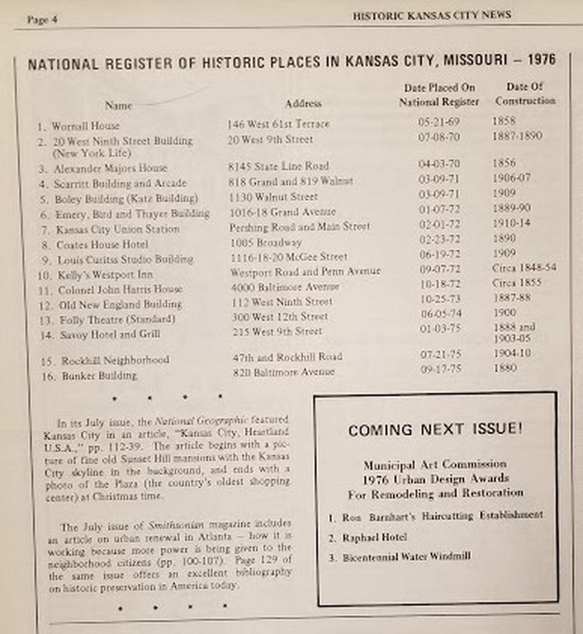 Listing in The Historic Kansas City News of local sites in the National Register, September 1976.