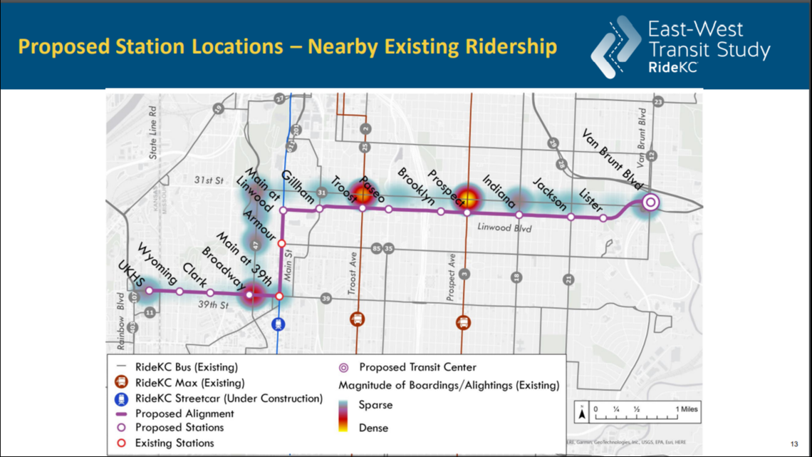 A screenshot of the proposed East-West KC Streetcar route.