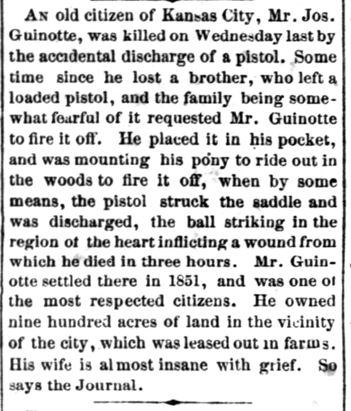 The Death of Joseph Guinotte as reported on September 7, 1867.