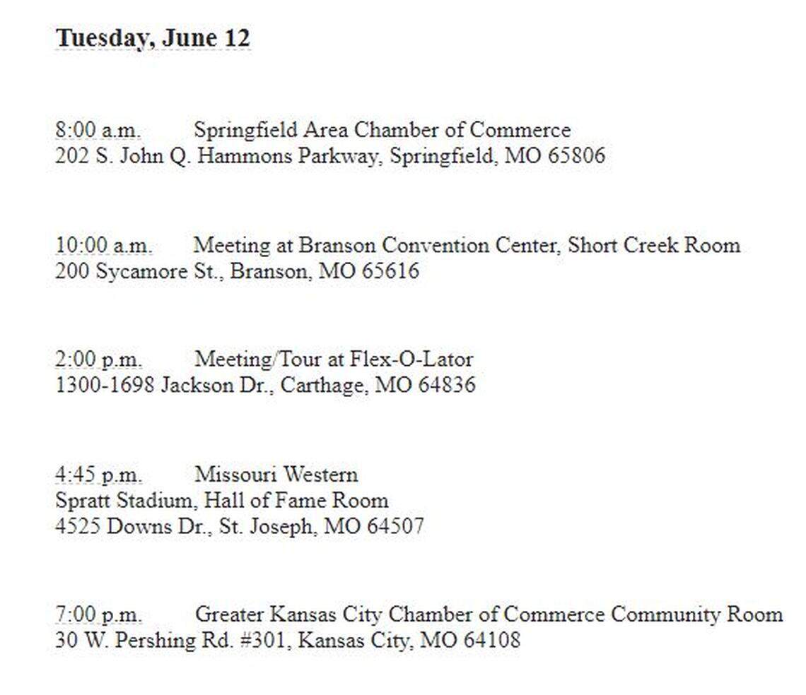 Parson's schedule for Tuesday, the first day of his listening tour.