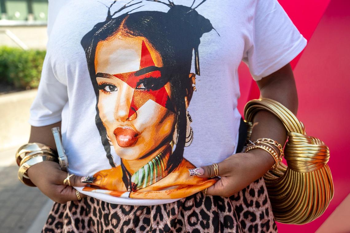 Keziah Durham, 20, of Shreveport, Louisiana, sported an artistic t-shirt featuring R&B artist Jhené Aiko, which she wore for the singers’ concert at T-Mobile Center on Monday, Aug. 19, 2024, in Kansas City.