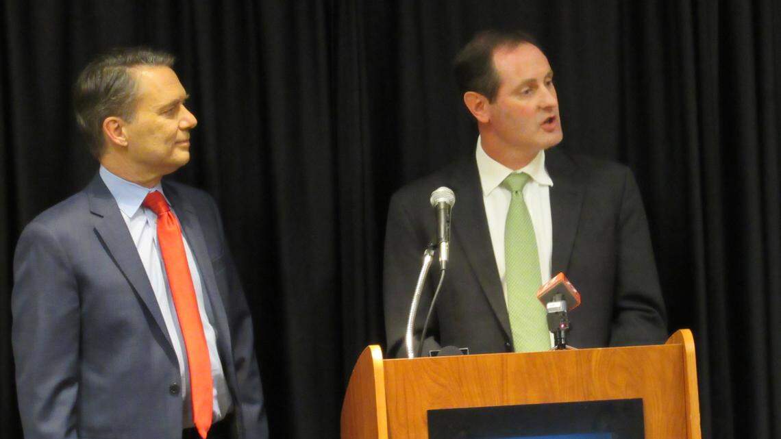 Salina Republican Tracey Mann, right, launched a campaign Monday for Kansas’ 1st congressional district after previously serving as lieutenant governor under Jeff Colyer, left.