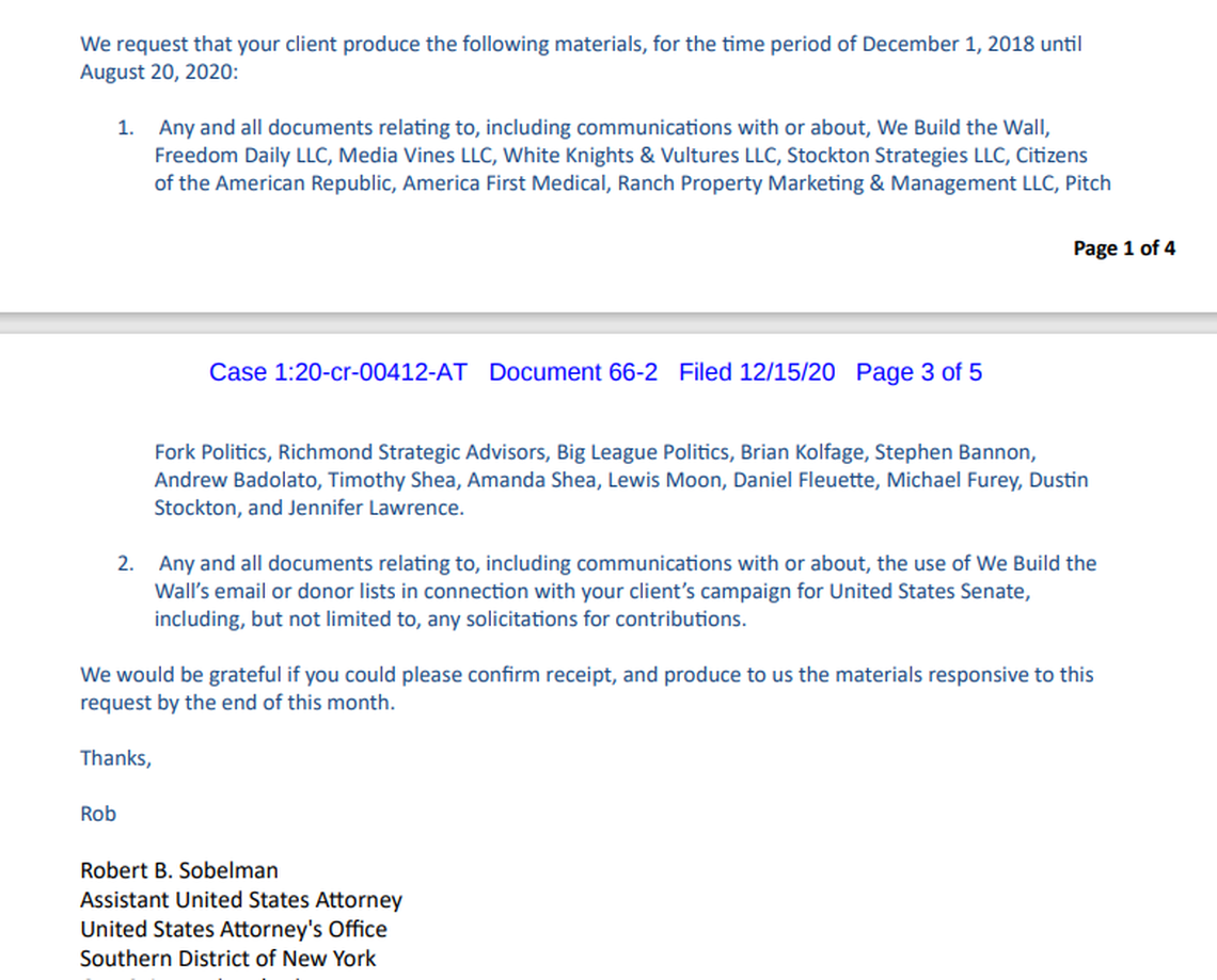 After leaders of We Build the Wall were charged, a federal prosecutor asked Kris Kobach to voluntarily produce documents, including records related to the use of We Build the Wall email and donor lists in his Senate campaign.