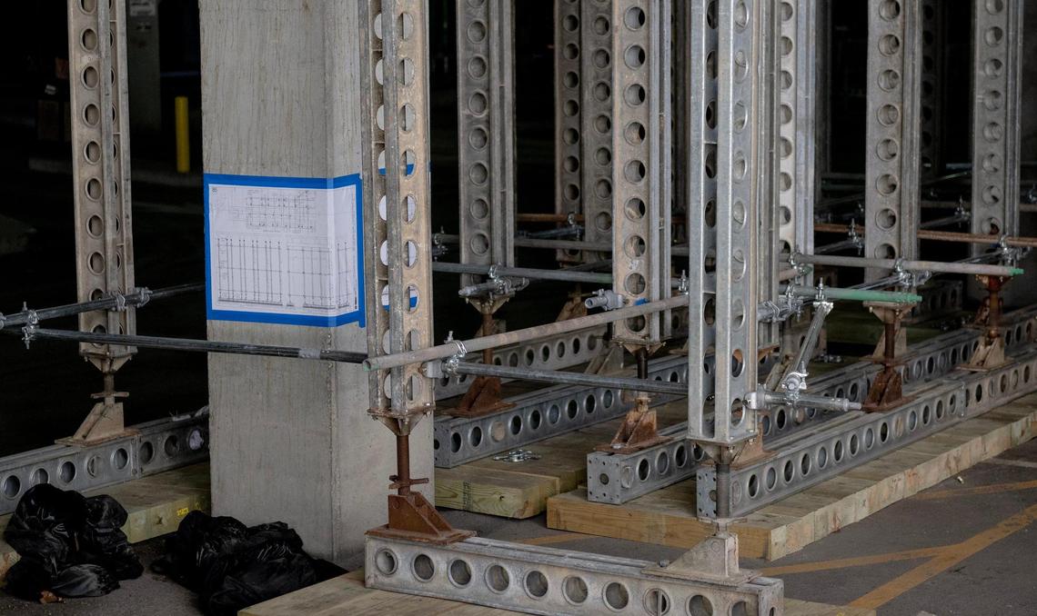 Workers have been busy shoring up a parking garage beneath the the NFL Draft Theater.