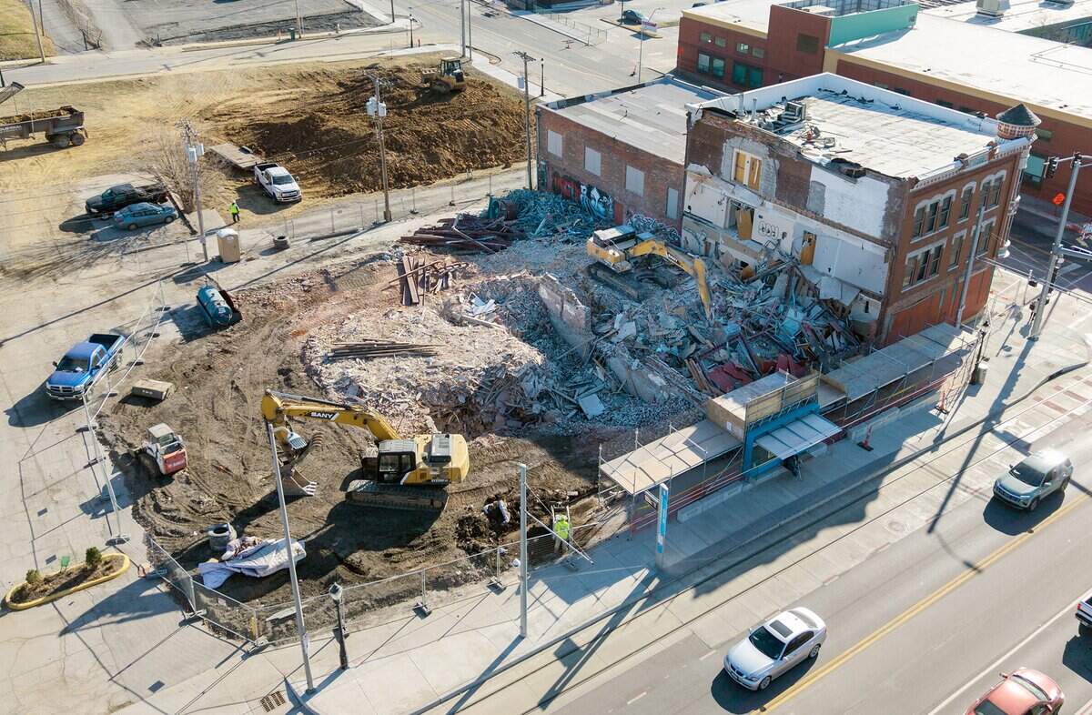 The Jesserich building built in 1888, one of the oldest buildings in Kansas City, is being demolished on Tuesday, Dec. 16, 2025, at 31st and Main Streets.